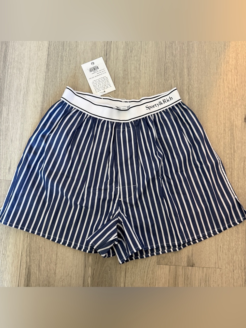 Sporty & Rich Navy and White Vertical Stripe Boxer Shorts
